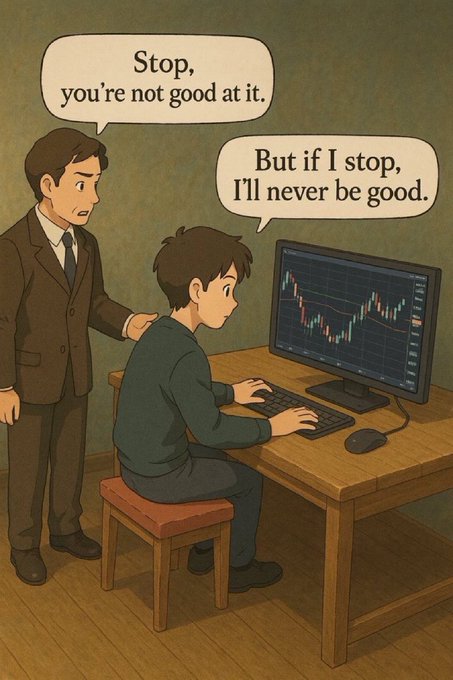 A man in a suit discourages a boy at a computer showing a stock chart, saying "Stop, you're not good at it," while the boy responds, "But if I stop, I'll never be good." The image captures the post's message of perseverance, illustrating the choice between giving up and continuing to learn and improve despite early struggles.