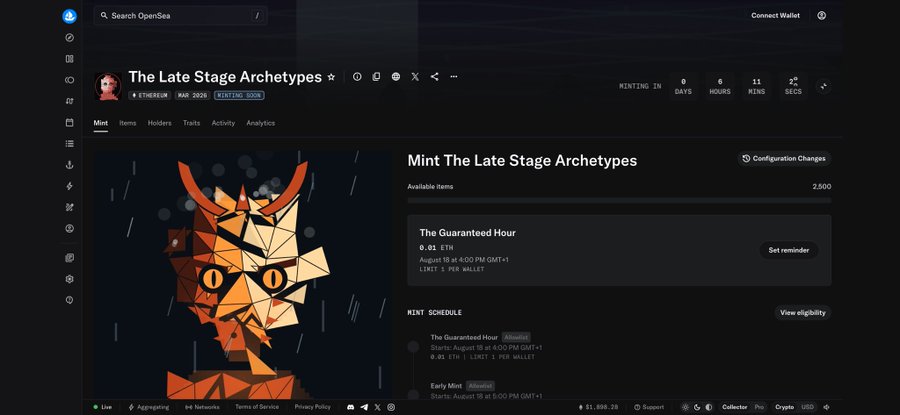 Screenshot of NFT minting page for Late Stage Archetypes with geometric images and minting details.