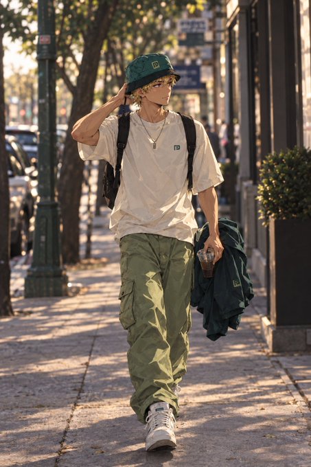 A young man with blonde curly hair wearing a green bucket hat, white t-shirt, green cargo pants, and white sneakers walks down a sunlit city sidewalk.