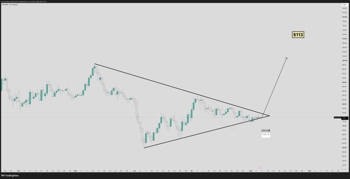 A candlestick chart shows $SOL forming a symmetrical triangle pattern with price consolidating near $130, poised for a breakout toward the projected target of $113 labeled at the top. The post aligns with the chart's bullish breakout signal, suggesting $SOL will rally above $100 and trigger parabolic moves across meme coins.