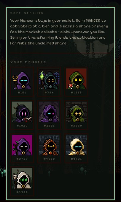 A digital interface screen titled 'SOFT STAKING' shows instructions for burning MANCER to activate tiered rewards, followed by a grid of nine unique 'YOUR MANCERS' pixel-art characters numbered from #151 to #4906.