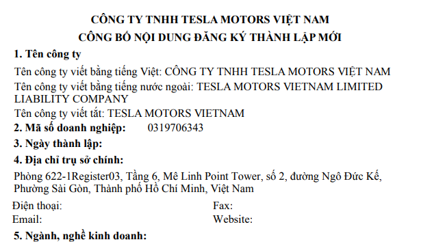 A Vietnamese business registration announcement for 'CÔNG TY TNHH TESLA MOTORS VIỆT NAM' (TESLA MOTORS VIETNAM LIMITED LIABILITY COMPANY), including business code 0319706343 and address at Me Linh Point Tower, Ho Chi Minh City.