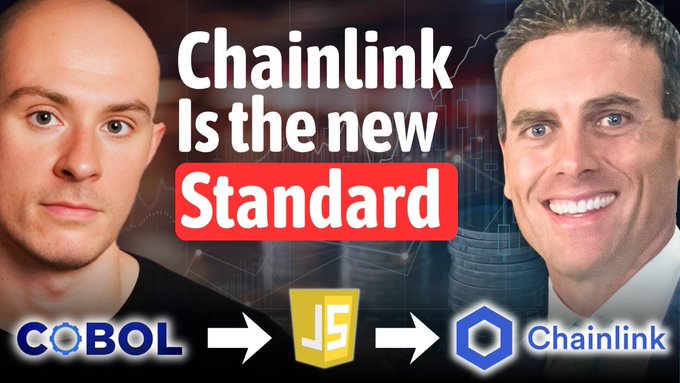 YouTube thumbnail featuring two men with the text 'Chainlink Is the new Standard' and arrows showing the progression from COBOL to JavaScript to Chainlink.