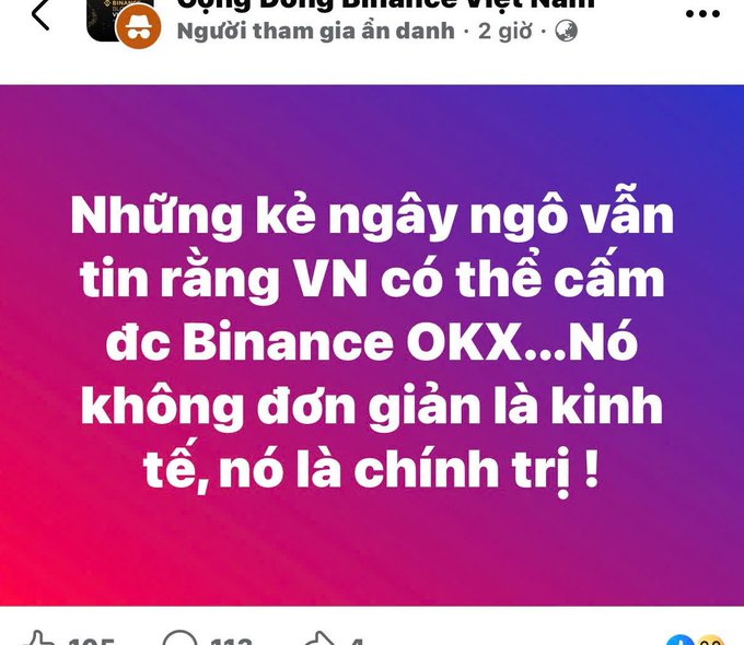 A Facebook post by 'Cộng Đồng Binance Việt Nam' with Vietnamese text stating: 'Những kẻ ngây ngô vẫn tin rằng VN có thể cấm dc Binance OKX...Nó không đơn giản là kinh tế, nó là chính trị !'