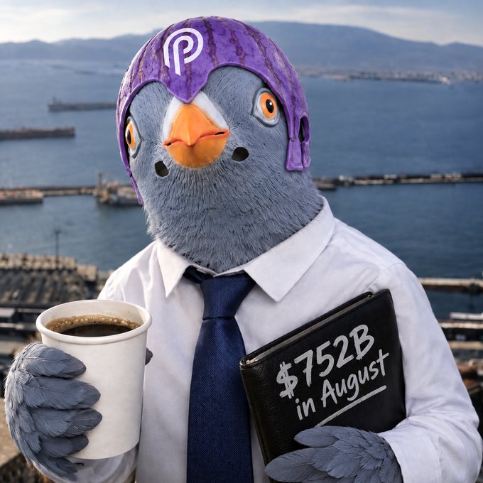 An AI-generated image of a pigeon wearing a purple helmet with the Polymesh (POLYX) logo, a white shirt and tie, holding coffee and a book labeled '$7.52B in August'.