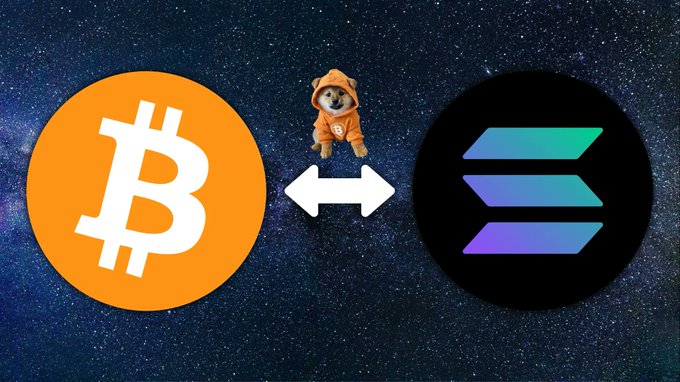 The image features a Shiba Inu dog wearing an orange astronaut suit floating in a starry space background, positioned between the orange Bitcoin logo on the left and the black Solana logo on the right, with a white double-arrow symbol indicating a bridge between the two cryptocurrencies, visually representing the cross-chain availability of the DOG memecoin mentioned in the post.