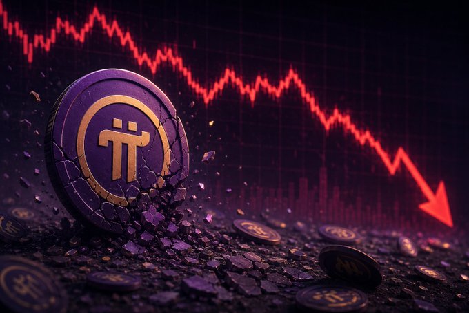 A purple Pi Network ($PI) coin is shown shattering and crumbling, with a red downward-trending chart line and arrow in the background illustrating the cryptocurrency's steep 97.6% decline from its all-time high of $2.98 to a new low of $0.071.