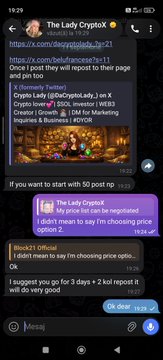 A Telegram chat screenshot shows "The Lady CryptoBot" bot message at 19:29 promoting a "50 post rep" task for "Crypto Lady," offering options like "Black21 Official" with a 19:25 timestamp, encouraging users to spread awareness by selecting "Ok" for a 3-day, 2-kiloliter requirement.