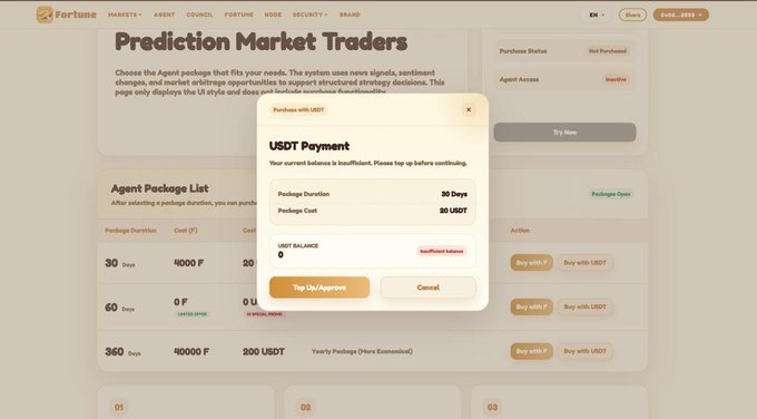 The image shows a screenshot of the Fortune Global website displaying a "USDT Payment" pop-up for purchasing agent packages, with options including a 365-day package priced at 65 USDT and a 180-day package priced at 45 USDT, showing an insufficient balance warning. This relates to the post by highlighting Fortune as a platform for trading prediction markets, with the screenshot demonstrating the current payment/pricing structure users encounter when accessing its agent services.