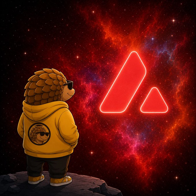 A cartoon character resembling a hedgehog in a yellow hoodie and sunglasses stands on a rocky surface, gazing up at a glowing red Avalanche (AVAX) logo set against a vibrant cosmic nebula, visually reinforcing the post's theme of the AVAX ecosystem actively shaping the future of blockchain.