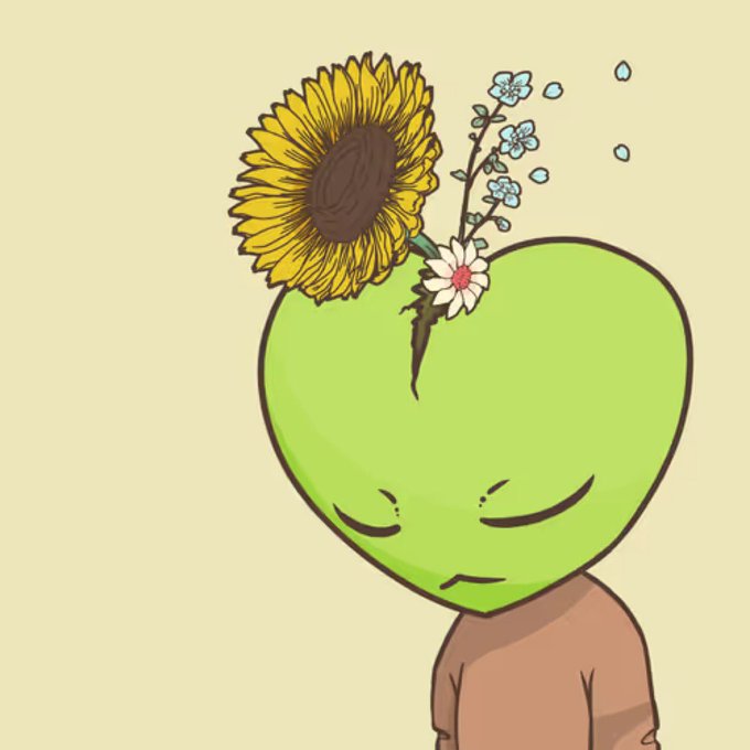 An illustration of a green heart-headed character with closed eyes and a peaceful expression, with a sunflower, small flowers, and blue butterflies growing from the top of its head.