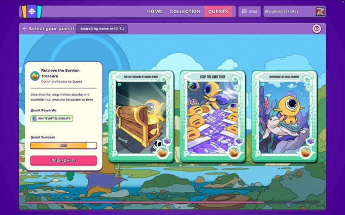 A screenshot of a digital quest selection interface shows a quest titled 'Retrieve the Sunken Treasure' with 0% success, alongside illustrated cards for quests like 'STOP THE CARD THIEF' and 'RETRIEVING THE CORAL WORM'.