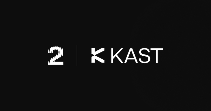 A sleek black graphic featuring a bold white "2" separated by a vertical line from the KAST logo, commemorating the platform's 2-year anniversary milestone of building global money solutions.