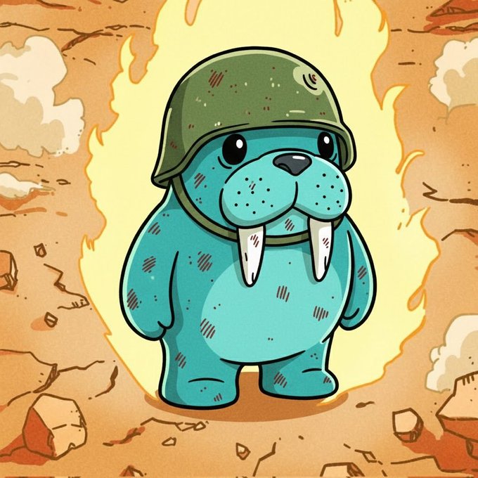 The image features a cartoon walrus wearing a helmet, standing on a rocky surface with its arms outstretched as if ready for battle or an adventure. The background of the image shows a fire, which adds a sense of danger and excitement to the scene. The caption "Fifth day of June 2026 $Sui $DEEP $WAL" suggests that this cartoon walrus is part of a series related to the fifth day of June in the year 2006.