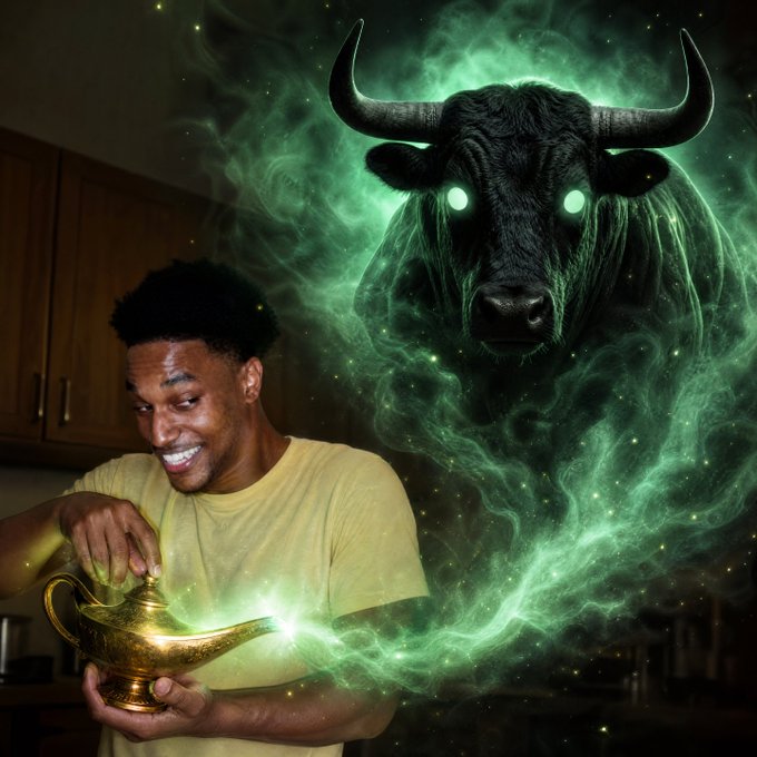 A humorous composite image showing a smiling man in a yellow shirt holding a golden lamp from which a glowing green ghostly bull with horns emerges.
