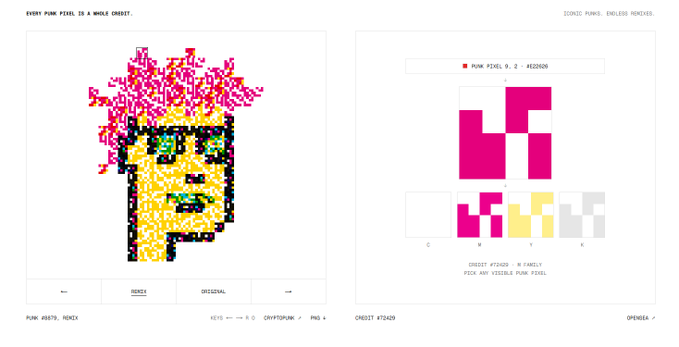 A pixel art display showing two NFT artworks from the CRYPTOPUNKS collection, labeled '#8679 NDX1' and '#7409', each with their individual pixel grid breakdowns labeled C, M, Y, and K.