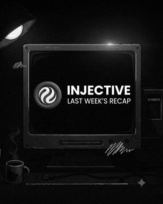 Black-and-white graphic featuring an old CRT monitor displaying the Injective logo with the text 'INJECTIVE LAST WEEK'S RECAP', surrounded by a desk lamp, mug, and a microwave.