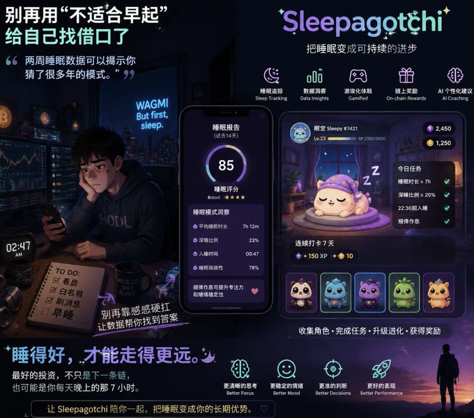 A promotional graphic for 'Sleepagotchi', a sleep tracking app that gamifies sleep, showing a phone screen with a sleep score of 85, a pet character, and Chinese text promoting better sleep habits.