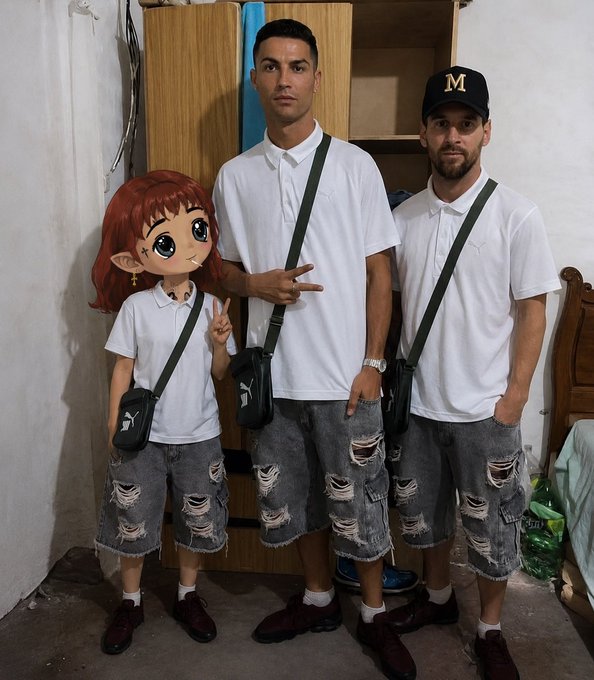 Two men in white polo shirts and distressed denim shorts pose alongside an anime-style character illustration with red hair, all wearing black crossbody bags and brown loafers.