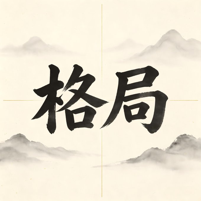 Chinese calligraphy characters '格局' (geju) displayed in black brush strokes with a misty mountain landscape in the background.