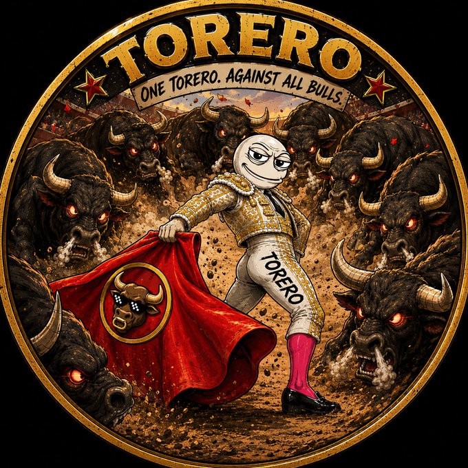 A circular logo featuring a torero/bullfighter character with "TORERO" written at the top and the tagline "ONE TORERO. AGAINST ALL BULLS." surrounded by angry black bulls.