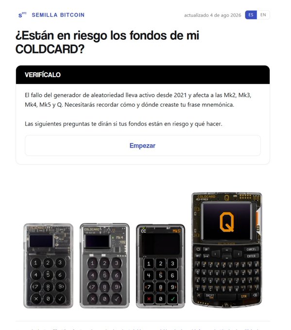 A screenshot from Semilla Bitcoin (semillabtc) showing their web tool titled "¿Están en riesgo los fondos de mi COLDCARD?" ("Are my COLDCARD funds at risk?") which warns about a randomness generator vulnerability active since 2021 affecting Mk2, Mk3, Mk4, Mk5, and Q Coldcard models, displayed above images of the four affected hardware wallet devices.