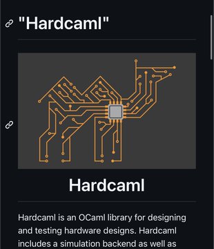A webpage titled 'Hardcaml' showing an orange circuit board illustration in the shape of a horse/animal, with text explaining that Hardcaml is an OCaml library for designing and testing hardware designs, including a simulation backend.