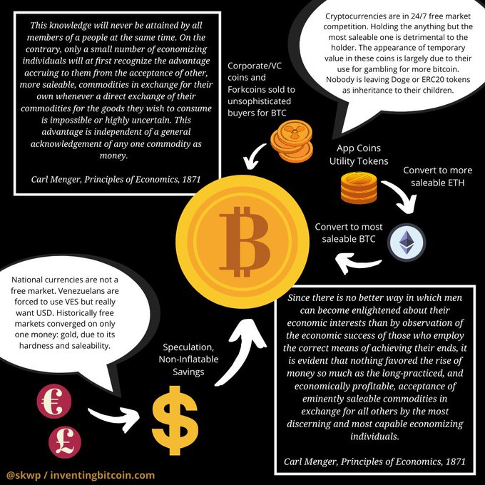 The image, created by @skwp / inventingbitcoin.com, illustrates Carl Menger's 1871 theory of money, showing how unsophisticated buyers purchase altcoins and forkcoins that flow from corporate/VC coins to app coins/utility tokens (converting to ETH or BTC), while Bitcoin ($) emerges as the most saleable commodity for speculation, non-inflatable savings, and replacing national currencies like the euro and pound. The accompanying post ties this directly to the image's message about using Menger's theory to understand why non-Bitcoin coins like Doge or ERC20 tokens are temporary phenomena rather than true money.