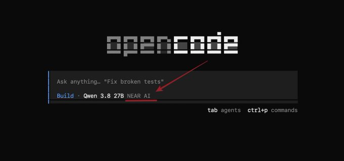 A terminal interface for 'opencode' showing the prompt 'Ask anything...' with a 'NEAR AI' indicator highlighted by a red arrow, along with controls for 'tab agents' and 'ctrl+p commands'.