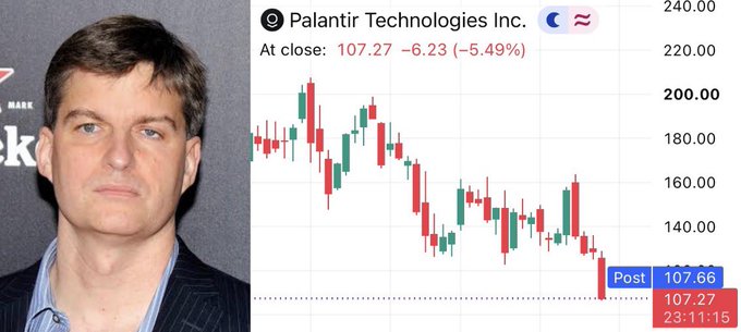 Michael Burry appears alongside a Palantir Technologies (PLTR) stock chart showing the stock closing at $107.27, down 6.23 (-5.49%), illustrating the steep decline from $207 to $107 that allowed him to profit on his $912M put position.