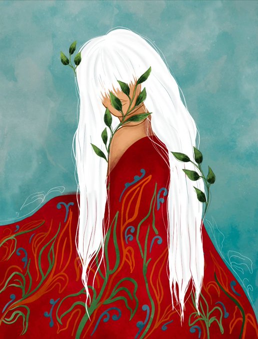 The image features a digital art piece of a woman with long white hair wearing a red dress, which has green leaves attached to her back. The background color of the painting is blue, creating an interesting contrast between the woman's white hair and the blue background. The artist who created this artwork is not listed in the post, but it appears that they have been posting their work for quite some time as there are two posts referencing the same image.