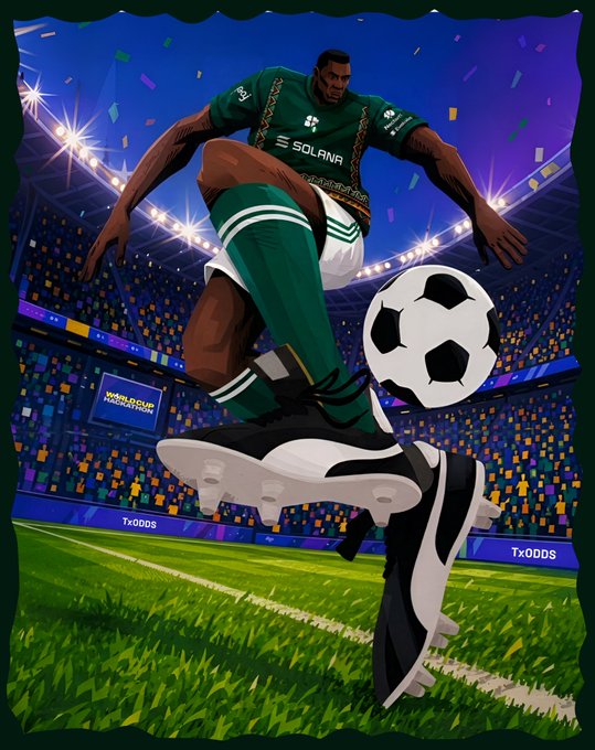 A digital illustration of a soccer player in a green "SOLANA" jersey balancing a ball on his foot in a stadium featuring "TxODDS" and "WORLD CUP HACKATHON" signage, visually representing the Solana ecosystem's Nigerian team's participation in the TxODDS World Cup Hackathon. The vibrant stadium scene with confetti captures the celebratory spirit of the community gathering and new product launches mentioned in the post.