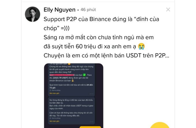 A social media post by Elly Nguyen commenting on Binance P2P support, mentioning a lost transaction of 60 million while selling USDT, with accompanying chat screenshots referencing Binance representatives and VND amounts.