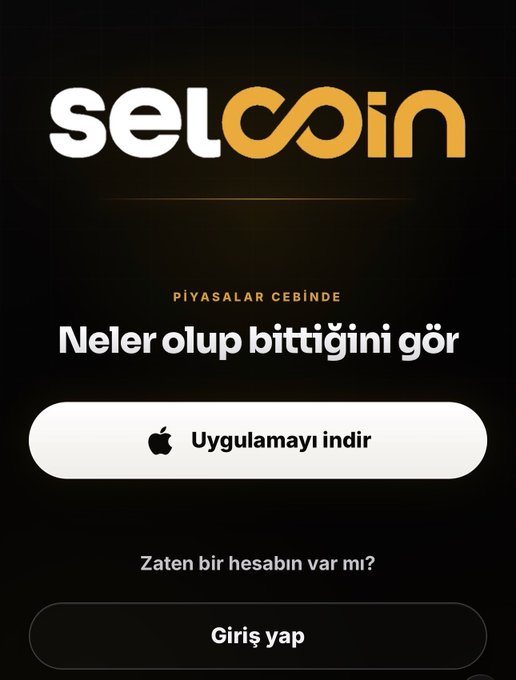 This image displays a promotional screen for the "selcoin" app featuring Turkish text "PİYASALAR CEBİNDE" (Markets in your pocket) and "Neler olup bittiğini gör" (See what's happening), with an Apple App Store download button ("Uygulamayı indir") and a login option ("Giriş yap") below, encouraging users to download the app to receive market alerts as mentioned in the accompanying post about new notification and alarm features.