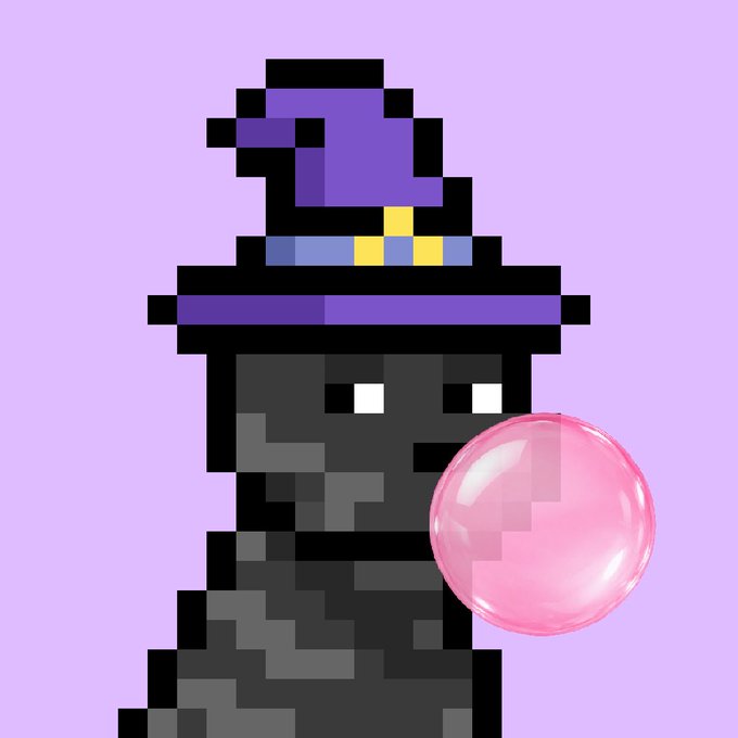 A pixel art illustration of a dark gray cat wearing a purple wizard hat, blowing a pink bubblegum bubble against a solid lavender background.