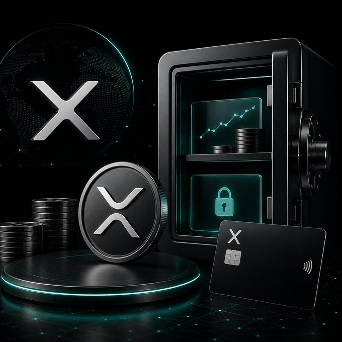 A dark, stylized 3D graphic featuring the XRP cryptocurrency logo (the 'X' symbol) alongside a vault, coins, and a black card with glowing teal accents.