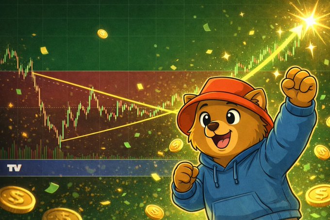 A cartoon bear mascot in a red bucket hat and blue hoodie celebrates with a raised fist against a backdrop of a financial candlestick chart, gold coins, and confetti, suggesting a bullish crypto market sentiment.
