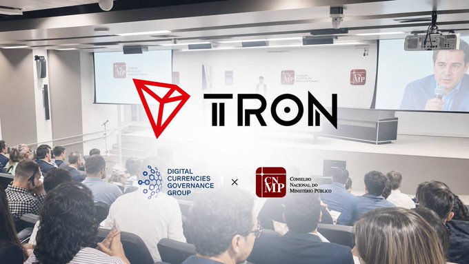 The image shows a conference setting with an audience attending a panel discussion, overlaid with the TRON logo alongside logos for the Digital Currencies Governance Group and Brazil's Ministério Público (CNMP). The visual supports the caption's message by depicting TRON's participation in high-level meetings alongside Brazilian regulatory authorities, including the Central Bank, to discuss asset tracing and recovery initiatives.