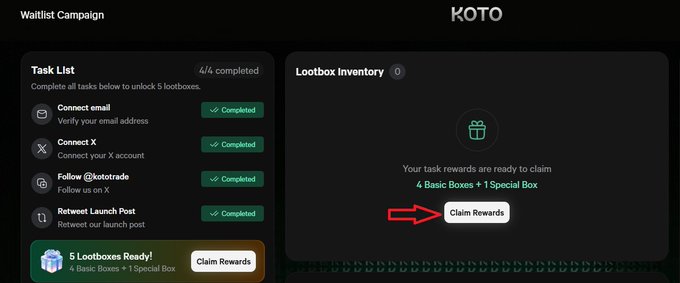 A screenshot of a 'Waitlist Campaign' by KOTO showing a completed Task List (4/4) with a '5 Lootboxes Ready!' notification and a red arrow pointing to the 'Claim Rewards' button on the right.