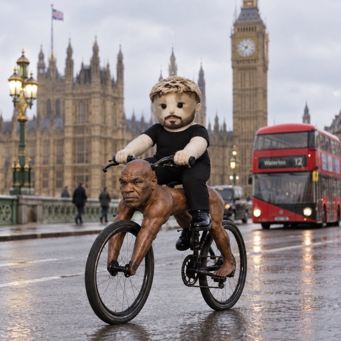 A surreal image showing Mike Tyson riding a bicycle on a London street near Big Ben, with a person wearing a mascot head as the passenger.