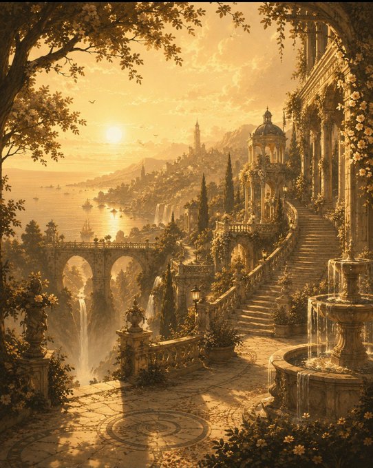 A sun-drenched fantasy landscape featuring classical Mediterranean architecture, flowing fountains, and a sweeping stone staircase overlooks a serene sea at golden hour, evoking a mythical realm of timeless beauty.

The image pairs with "GM" by presenting a breathtaking vista perfect for greeting the day—its radiant sunrise and tranquil coastal scenery offering an aspirational, almost divine morning scene to start the day.