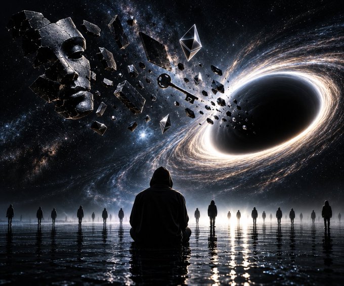A surreal sci-fi digital artwork depicting a hooded figure sitting before a black hole, a shattered stone face, a key, and other geometric shapes floating in space above silhouetted figures.