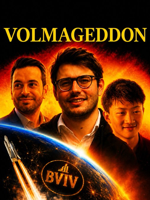 A dramatic movie-poster style graphic titled "VOLMAGEDDON" features three men's faces against a fiery, apocalyptic backdrop with a rocket launching from Earth, alongside the "BVIV" logo, referencing the Bitcoin Volatility Index highlighted in the article about potential market turbulence.