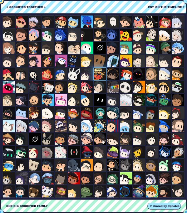 A digital poster titled "GROKIFIED TOGETHER" displaying a large grid of diverse, stylized cartoon avatars with "ONE BIG GROKIFIED FAMILY" at the bottom.