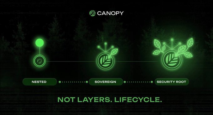 A dark-themed graphic for 'CANOPY' showing a three-stage security lifecycle: NESTED, SOVEREIGN, and SECURITY ROOT, with the tagline 'NOT LAYERS. LIFECYCLE.'