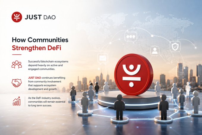 A promotional graphic for 'JUST DAO' titled 'How Communities Strengthen DeFi', depicting silhouetted figures gathered around a large red JUST token emblem against a cityscape backdrop.