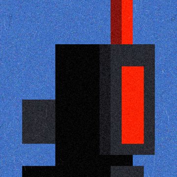 A minimalist geometric illustration featuring black and red rectangular shapes against a textured blue background, resembling an abstract robotic or machine-like figure. The image visually complements the post's search for a "bot killer" bot developer, evoking imagery of a robotic enforcer through its blocky, mechanical design.