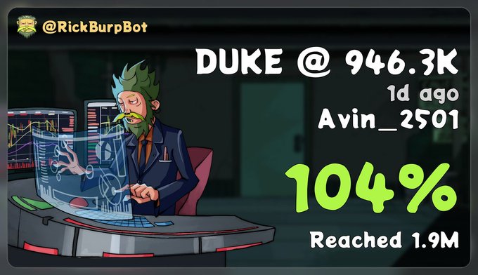 A promotional graphic for "@RickBurpBot" featuring a cartoon character analyzing charts, with text indicating "DUKE @ 946.3K 1d ago Avin_2501" and a prominent "104% Reached 1.9M" display.