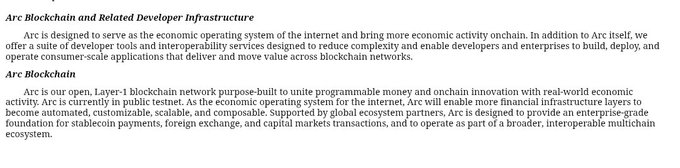 Text describing Arc blockchain and its related developer infrastructure as an open, Layer-1 blockchain network purpose-built to unite programmable money and onchain innovation, currently in public testnet.