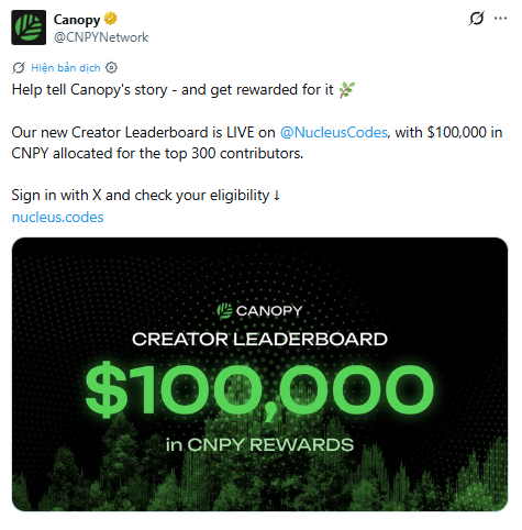 The image shows an advertisement that features a large green number "100,000" in the center of the screen, surrounded by trees with a black background. The text above the number reads "Canopy creator leaderboard", suggesting this might be related to content farming or creator leadership activities. Additionally, there is a caption below the image that reads "@CNPYNetwork has officially launched its Creator Leaderboard on". This post could possibly provide information about a new creator leaderboard platform for CT grinders to check out and sign in with their account.
